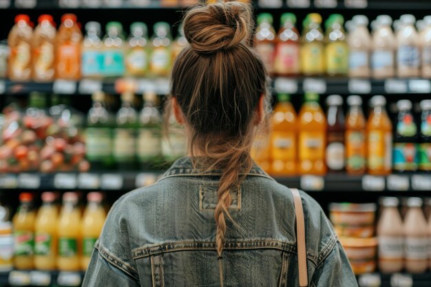 Joven y hermosa persona decidiendo en comestibles eligiendo comida en la tienda de conveniencia comida orgánica saludable