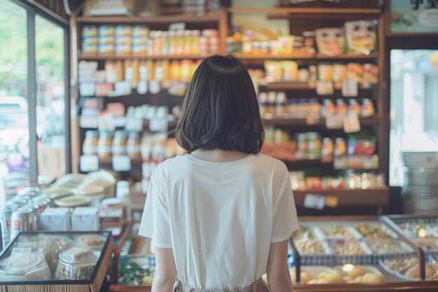 Joven y hermosa persona decidiendo en comestibles eligiendo comida en la tienda de conveniencia comida orgánica saludable