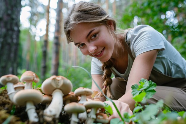 Una joven hermosa recogiendo setas en el bosque.