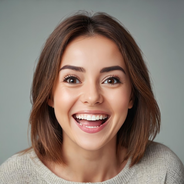 Una joven hermosa y sonriente aislada sobre un fondo gris.