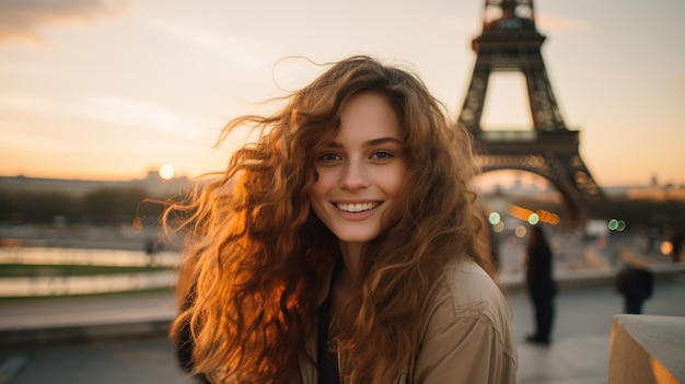 Una joven hermosa tomando una selfie frente a la Torre Eiffel