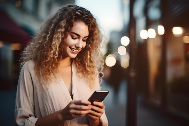 Una joven hermosa usando un teléfono inteligente en una ciudad una estudiante sonriente enviando mensajes de texto en el teléfono móvil