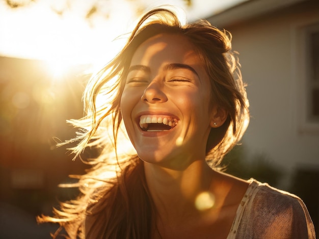 Foto joven hermosa en vestido de verano riendo y riendo joven hermosa mujer en sueño de verano