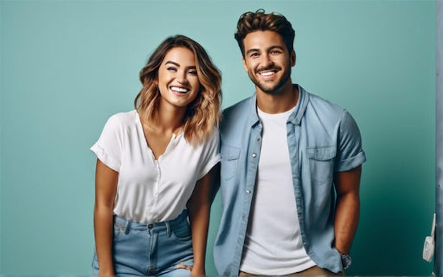 Foto joven y hermoso hombre y mujer caucásicos sonriendo pareja feliz posa para la cámara aislados