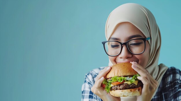 Una joven con hijab comiendo hamburguesa en un contexto limpio y con un gran espacio de copia IA generativa