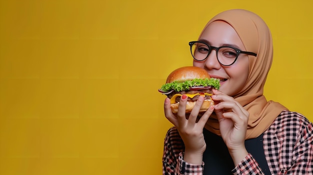 Una joven con hijab comiendo hamburguesa en un contexto limpio y con un gran espacio de copia IA generativa