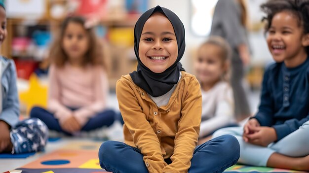 Foto una joven con un hijab marrón sonríe a la cámara mientras está sentada en el suelo en un aula