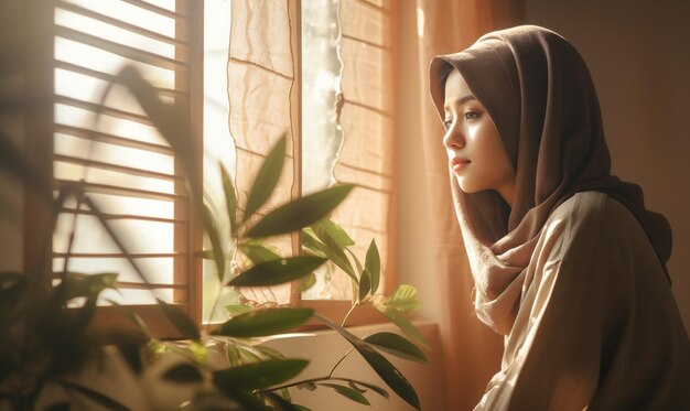 una joven hijab observando el vidrio de la ventana