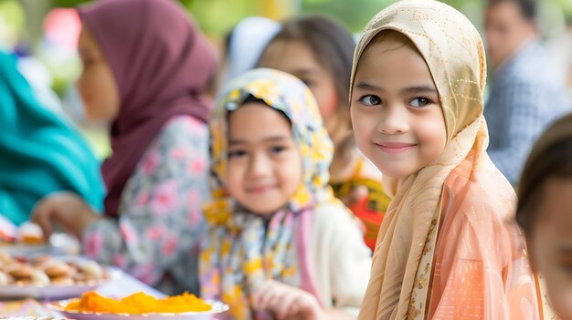 Foto una joven con hijab sonríe tímidamente a la cámara mientras está sentada en una mesa con sus amigas