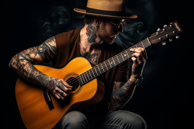 Joven hipster de moda blues y jazz guitarrista acústico con tatuajes