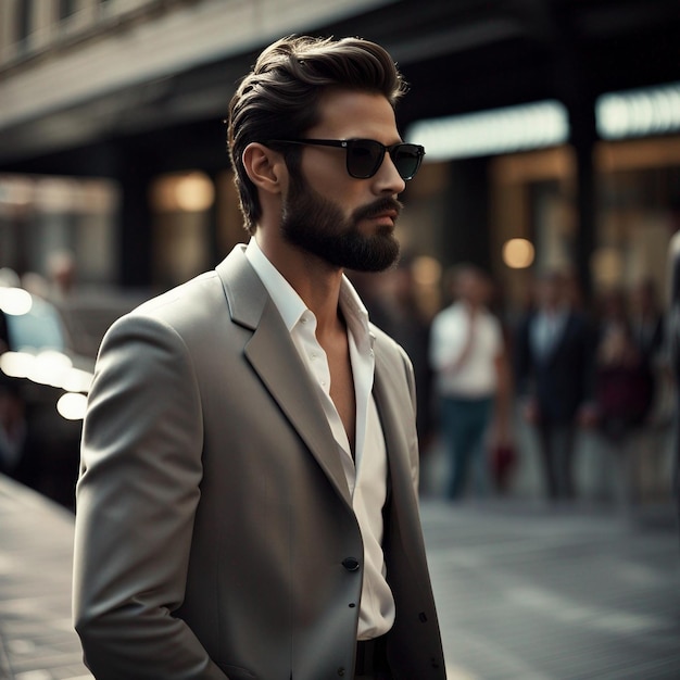 Un joven hipster con traje negro, barba negra y gafas de sol posa modalmente