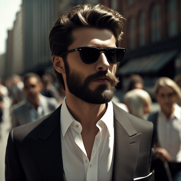 Un joven hipster con traje negro, barba negra y gafas de sol posa modalmente