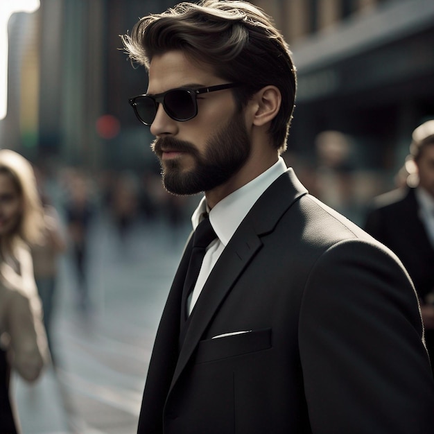 Un joven hipster con traje negro, barba negra y gafas de sol posa modalmente