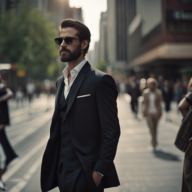 Un joven hipster con traje negro, barba negra y gafas de sol posa modalmente