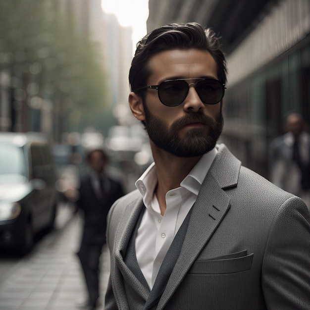 Un joven hipster con traje negro, barba negra y gafas de sol posa modalmente