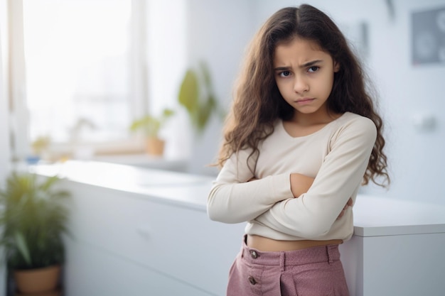 Una joven hispana parada en la clínica pediátrica con una expresión de enojo en su rostro