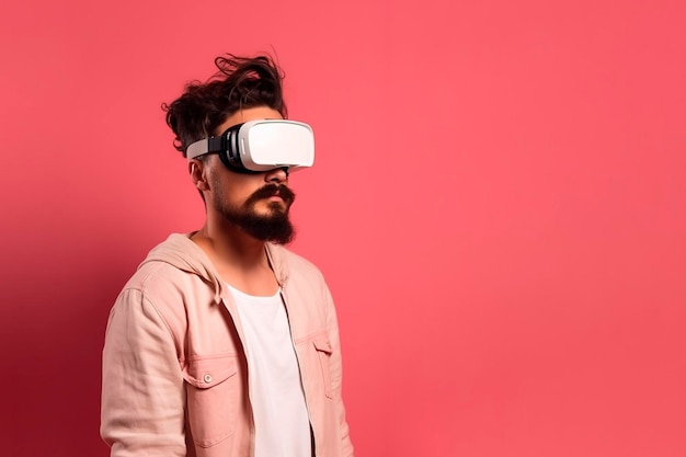 Joven hispano con simulador de realidad virtual sobre fondo rosa