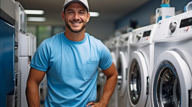 Foto un joven hispano sonríe con confianza mientras usa la lavadora