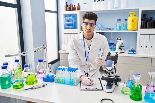 Joven hispano con uniforme de científico escribiendo en el portapapeles en el laboratorio