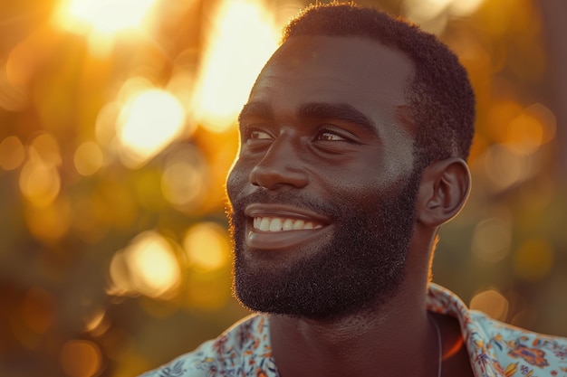 Joven hombre afroamericano con expresión serena puesta de sol en el parque