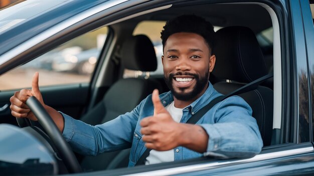 Foto joven hombre afroamericano sonriendo mientras conduce un coche mostrando los pulgares hacia arriba recomendando algo bueno