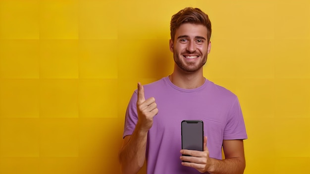 Joven hombre alegre y camiseta lila y un teléfono que lleva el dedo índice Generativo Ai
