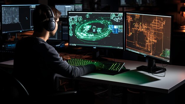 Joven hombre caucásico con auriculares trabaja por la noche frente a tres monitores de computadora