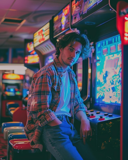 Foto joven hombre de estilo retro de los años 80 posando en una sala de máquinas de arcade retro