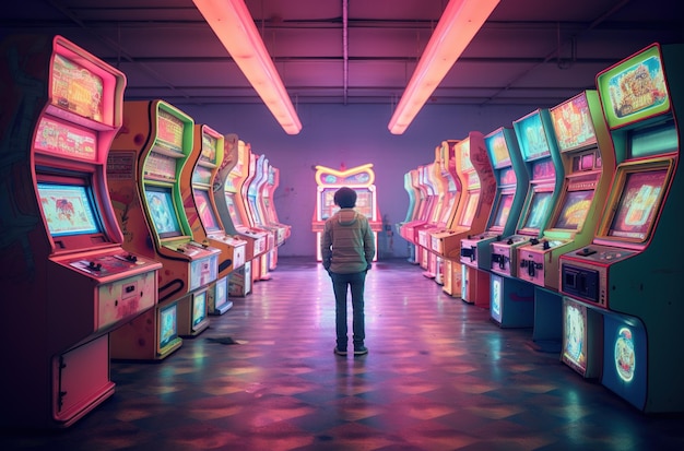 Foto joven hombre de estilo retro de los años 80 rodeado de máquinas en una sala de máquinas de arcade retro