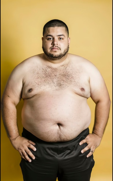 Foto joven hombre gordo y confiado con fondo amarillo