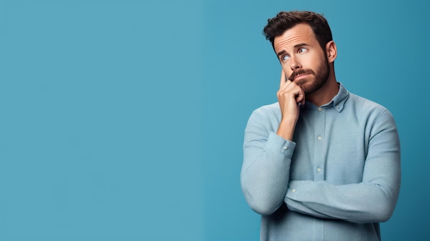 Joven hombre guapo sintiéndose confundido pose aislado sobre fondo de color azul con espacio de copia