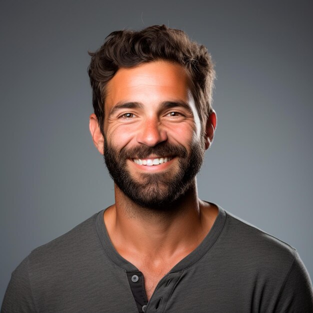 Foto joven hombre guapo sonriendo con barba oscura y cabello oscuro