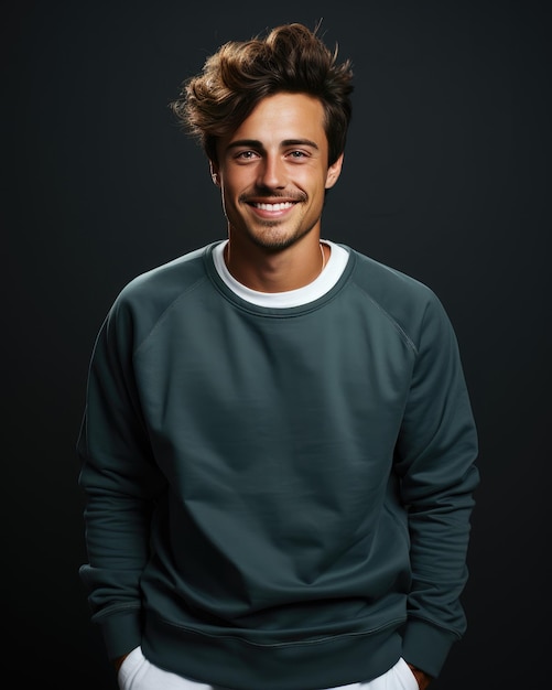 Joven hombre guapo sonriendo con sudadera verde aislado sobre fondo azul oscuro Creado con tecnología Generative Ai