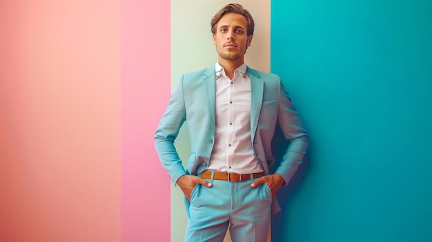 Joven hombre guapo en un traje azul sobre un fondo multicolor