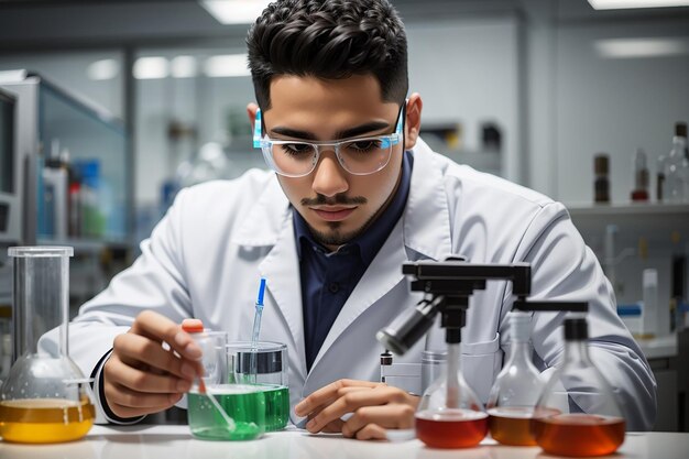 Joven hombre hispano con uniforme de científico midiendo líquido en el laboratorio