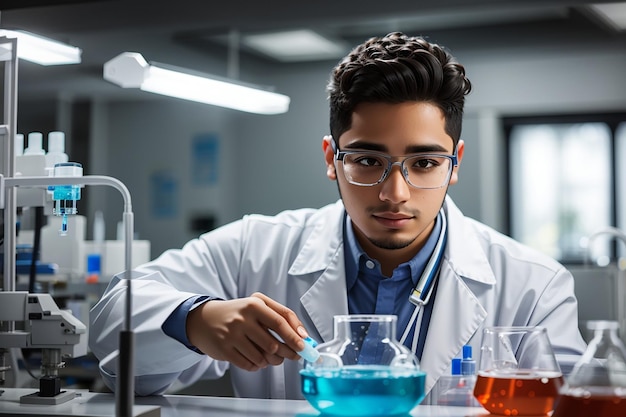Joven hombre hispano con uniforme de científico midiendo líquido en el laboratorio