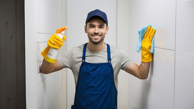 Joven hombre de limpieza con ropa casual y gorra sosteniendo spray de limpeza y trapo listo para limpiar smi