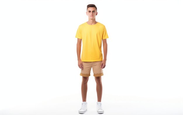 Foto joven hombre lindo de pie con camiseta amarilla aislado sobre un fondo blanco