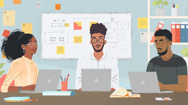 Joven hombre y mujer afroamericanos trabajando en una computadora portátil en la oficina Ilustración vectorial