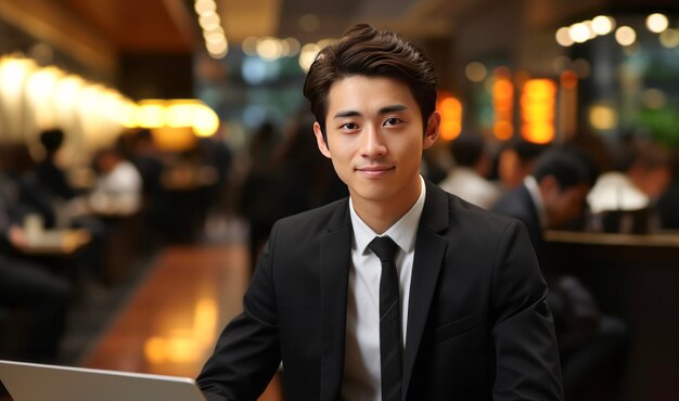 Foto joven hombre de negocios asiático trabajando en una computadora portátil en un bar o restaurante