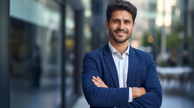 Joven hombre de negocios caucásico sonriendo feliz de pie en la ciudad