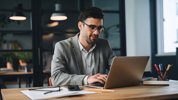 Joven hombre de negocios con computadora portátil trabajando en la oficina