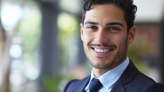 Joven hombre de negocios confiado en traje y corbata sonriendo a la cámara