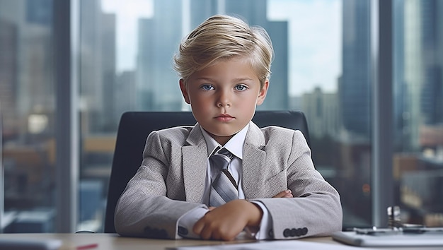 Joven hombre de negocios dueño de una compañía divertido retrato de moda infantil de un pequeño niño guapo en la oficina