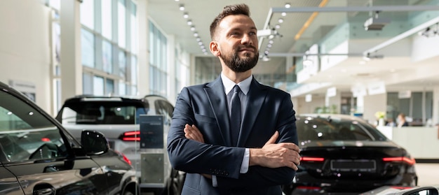 Un joven hombre de negocios con un elegante traje de negocios elige un auto nuevo en un concesionario de autos