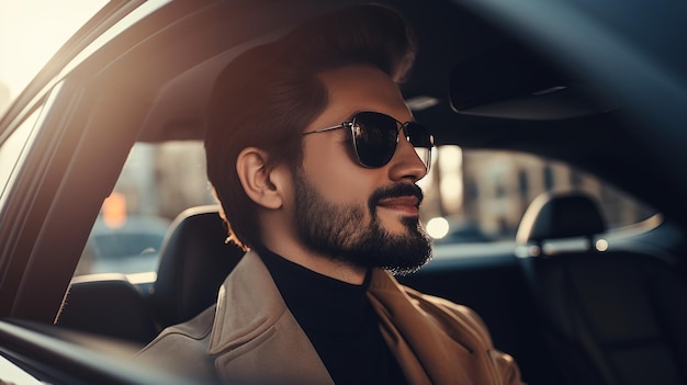 Un joven hombre de negocios exitoso que conduce un automóvil lujoso con una gran sonrisa IA generativa