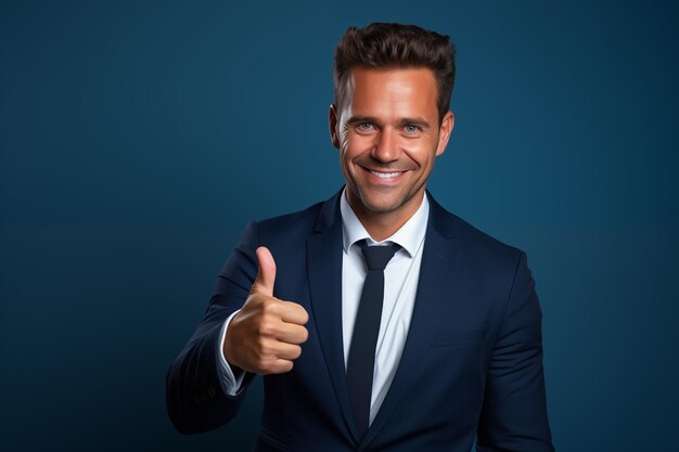 Foto joven hombre de negocios feliz mostrando el pulgar hacia arriba gesto