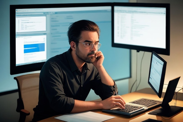 Joven hombre de negocios feliz usando una computadora portátil en su escritorio