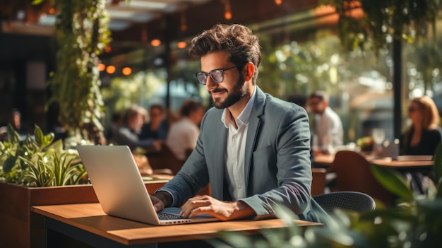 Joven hombre de negocios con gafas trabaja en una computadora portátil en la oficina feliz hombre de negocios de mediana edad lee