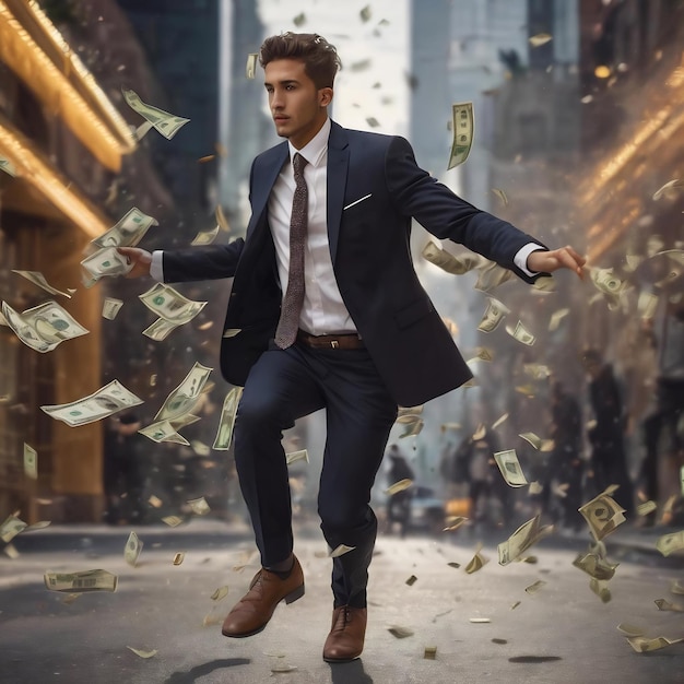 Joven hombre de negocios pasa dólares y baila en la calle.